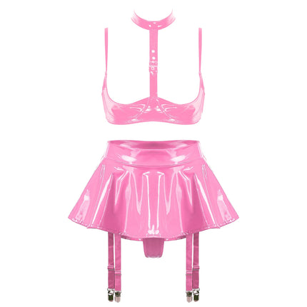 Womens Wet Look PU Leather Lingerie Set Push-up Underwire Cutout Short Sleeve Crop Top with Built-in Thongs Miniskirt Clubwear