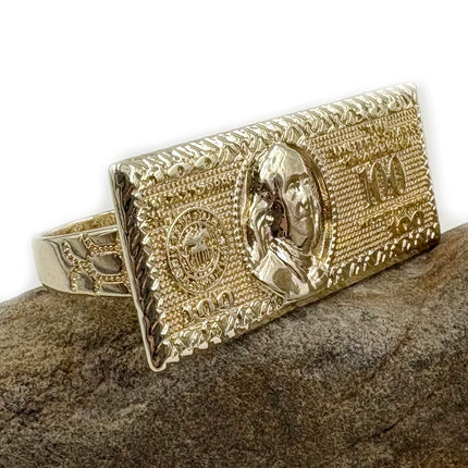 100 Dollar Bill Design 2 Finger Ring Heavy Rough Hip Hop Style 14K Gold Plated Big Size Men's Party Gift US Dollar Theme