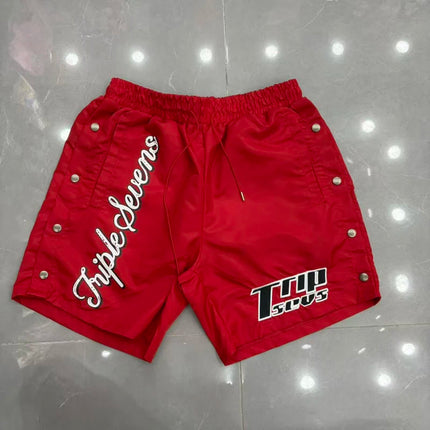 Red Triple Sevens Side Slit Button Placket Shorts Pockets 7S Logo Jorts Men Women Casual Drawstring Waterproof Loose Shortpants