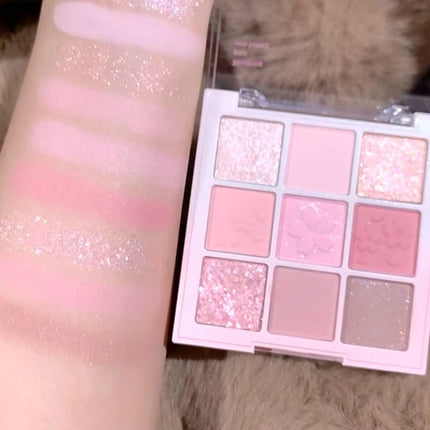 Pink Sakura 9-Color Eyeshadow and Blush Palette, Shimmer and Matte, Embossed Cherry Blossom Design for Makeup Lovers‘s Festival