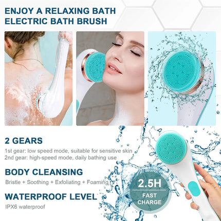 Electric Bath Brush Long Handle Body Scrubber Waterproof Shower Brush with Replaceable Heads for Back Feet Body Cleaning Massage