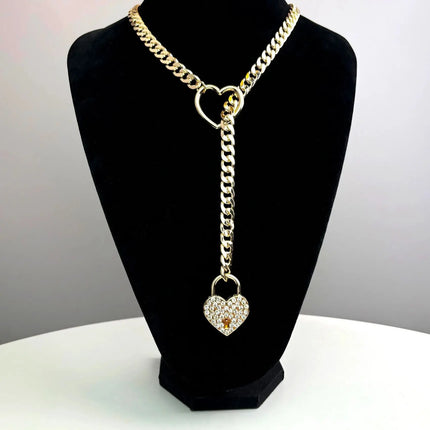 Womens Heart Slip Chain Necklace for Women with Rainstone Lock and Key Cuban Link Chunky Punk Rock Stainless Steel Choker