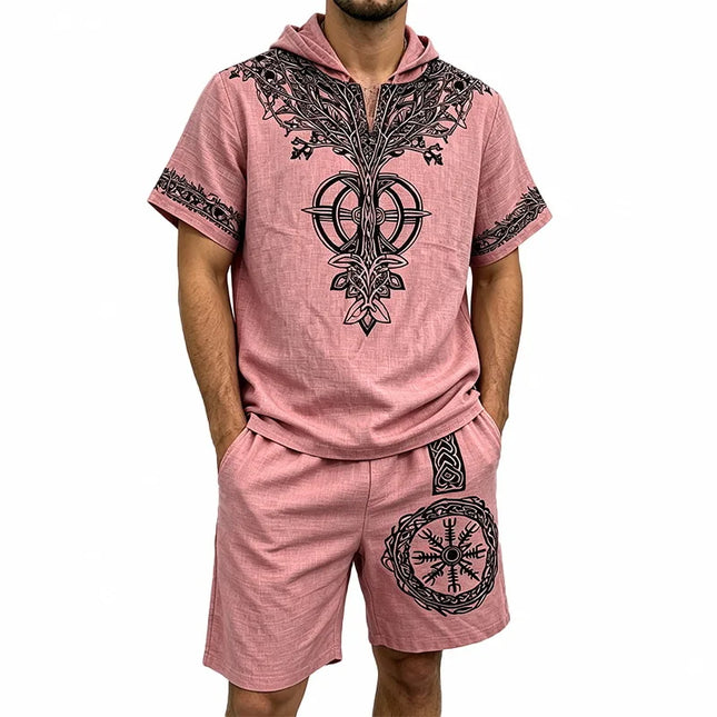 Men Cotton Linen 2 Piece Outfit Viking Tree of Life Print Short Sleeve Hoodie & Shorts Set Summer Loose Casual Beach Matching Tr