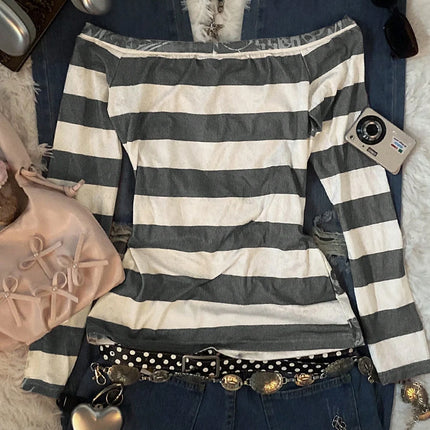 Women's Y2K Sweet 2000s Pink Angel Heart Print, Striped One-Shoulder Long-Sleeved T-Shirt, Suitable For Back-To-School Season,