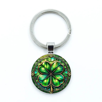 Elegant Four Leaf Clover Stained Glass Design Keychain, Round Lucky Symbol Art Printed Key Holder, St. Patrick Day & Good Luck Gift