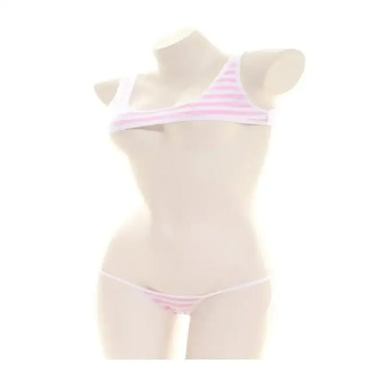 Blue White Stripe Bikini Set Women Swimsuit Striped Halter Micro Bikini Set Lolita Kawaii Swimsuit Backless String Tied Bathing