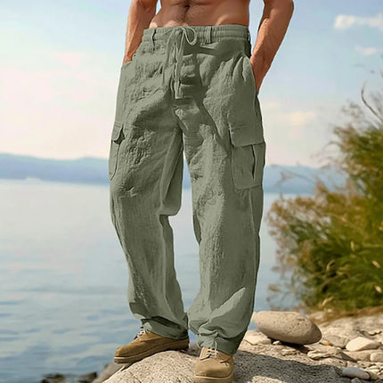 New Men'S Casual Trousers Loose Comfortable Cargo Pants Pants Cotton Linen Multi-Pocket Straight Trousers Beach Thin Men Pants