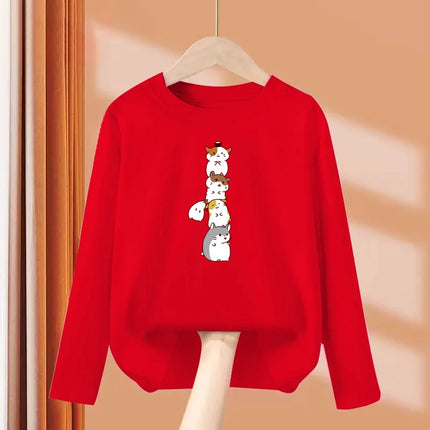 Childrens Spring Autumn T-shirt Human Pyramid Cat Cartoon Shirt Boys Girls Long Sleeved Top Cotton Clothing