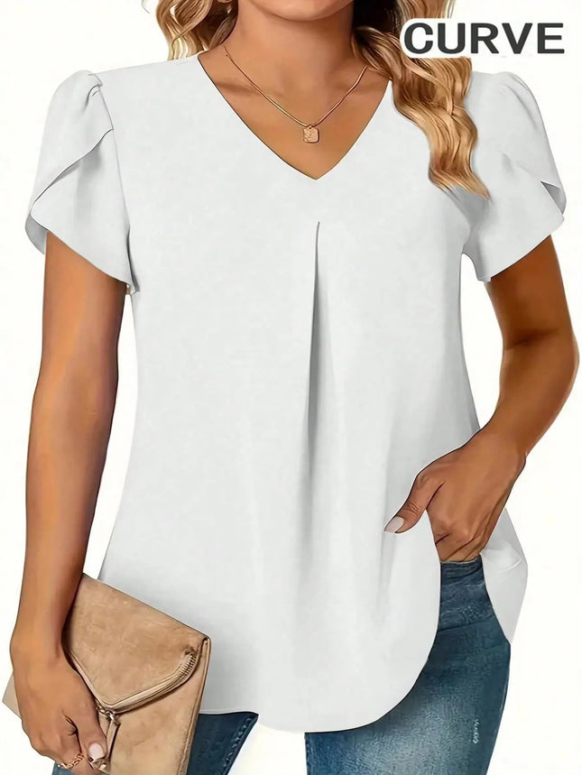 Plus Size 0XL-5XL Women V-neck Fashion Solid Color Shirt Blouse Ladies Casual Loose and Simple Long Sleeved Shirt