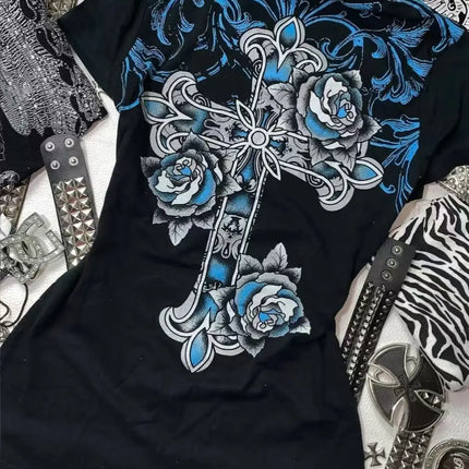 Rock Gothic Streetwear Letter Cross Graphic T-shirts Gyaru 2000s Clothes Harajuku Top Women V-neck Tees Sweet Y2k Vintage T-shirt