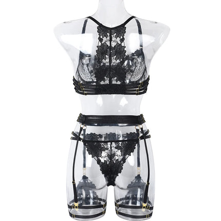 Underwire Sexy Bra Thong Exotic Apparel Sexy Suit Women Lace Underwear 5 Pieces Floral Embroidery Black Transparent Lingerie Set