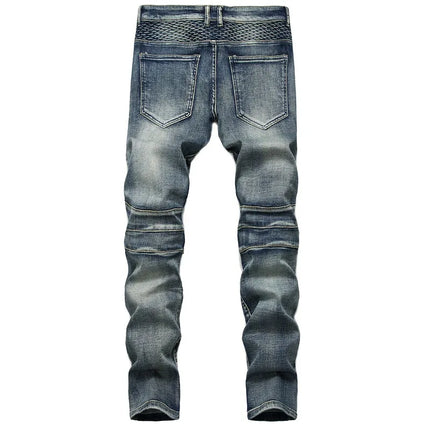 2025 New European and American style jeans, men's Amazon riding knee pads, retro motorcycle jeans, slim-fit trendy men's jeans