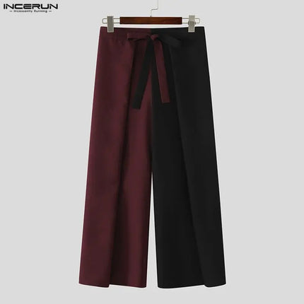 INCERUN Men Pants Patchwork Color-block Lace Up Joggers Casual Trousers For Man Pleated Streetwear Loose 2026 Fashion Long Pants