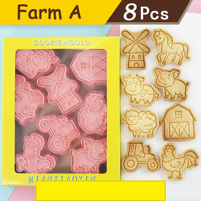 8Pcs Animal Cat Rabbit Dinosaur Cookie Cutter Fruits Cookie Stamp Car Biscuit Molds for Baking, Fondant, Cheese, and Pastries