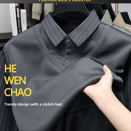 Men's Winter Thickened Fleece Lined Knitwear Polo Shirt Long Sleeve Loose Fit Solid Color Thermal Base Layer Two-Piece Look