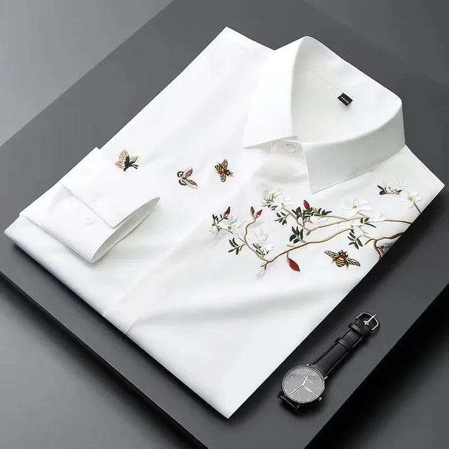 Elegant Chinese Style Embroidered Long Sleeve Men's Casual Shirt Autumn Iron Free Slim Fit Fashionable Top Men's Dress Shirt