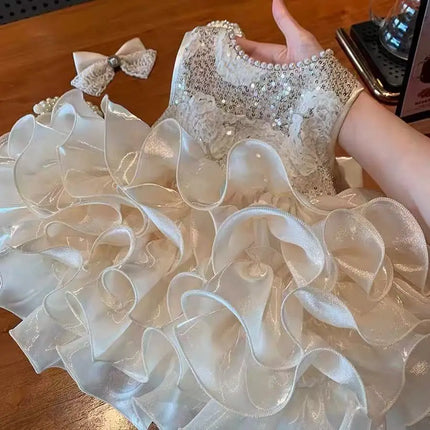 Girl's Princess Dress 2025 New Summer Bright Pearl Dress for Baby Girl's Birthday and First Year Dress with Bow Back Decoration