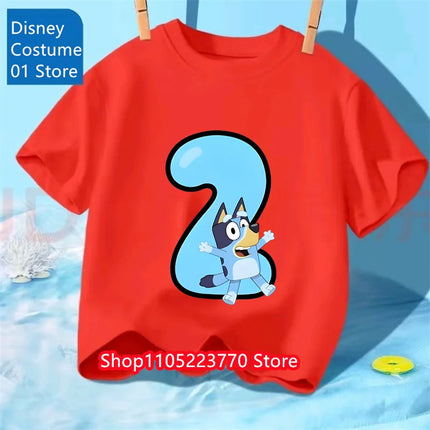Kids Bluey 2-4 Birthday Number T-Shirt Autumn Winter Cartoon Printed Short Sleeve Tee for Boys Girls
