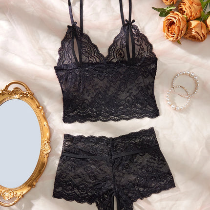 Women Black Open-Back Lace Two-Piece Panties Underwear Sleep Set