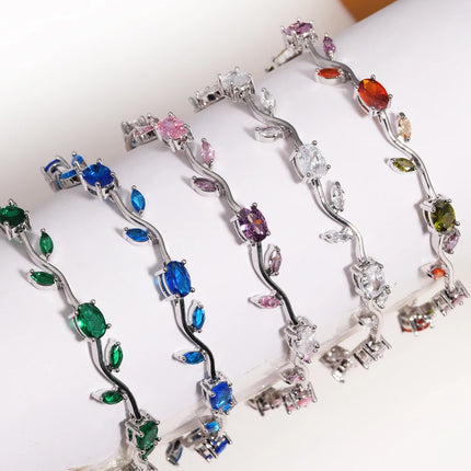Luxury 16 Colors Sparkling Leaf Cubic Zirconia Branch Gold Silver Color CZ Crystal Bracelet Fashion Women Wedding Jewelry Gift