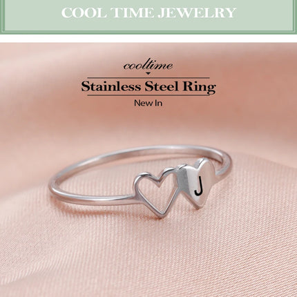 COOLTIME Initial Letter Ring for Women Stainless Steel A-Z Alphabet Double Heart Rings Fashion Wedding Anniversary Birthday Gift