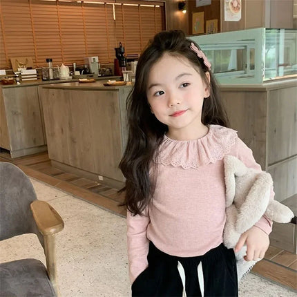 1-12 Years Long-Sleeved Shirts Children's Spring Knitted Tops Baby's Lace 2025 Lace Base Shirt Korean Girls Ruffle Collar T-shirt