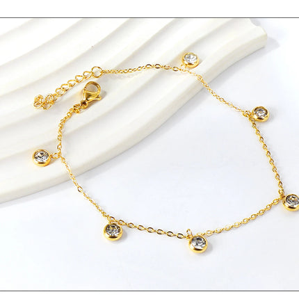LUXUSTEEL Stainless Steel Anklets for Women Gold Plated Round CZ Crystal Rhinestone Charm Allergy Free Foot Chain Beach Jewelry