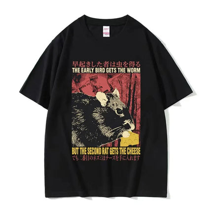 Funny Cheese Devouring Machine Japanese Rat Graphic T Shirts Men Vintage Fashion O-Neck Oversized T-shirt Y2k Unisex 62408