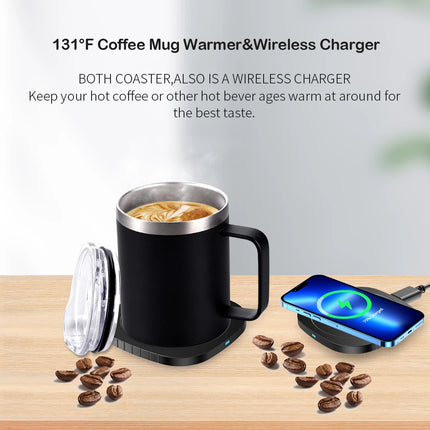 2 IN 1 Coffee Mug Warmer and Wireless Charger with Cup and Lid 55℃/131℉ Intelligent Constant Temperature 10.5oz