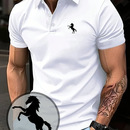 Men's POLO Short Sleeved T-shirt with Casual Style, Standing Up Horse Emblem Pattern Printed Short Sleeved Golf T-shirt