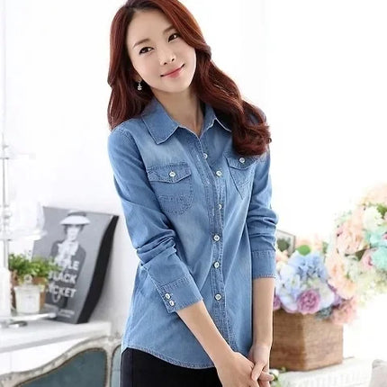 Slim Fit Cotton Denim Shirt Long Sleeve Women's Spring Autumn Summer Student Professional Outerwear Fashionable Casual Top