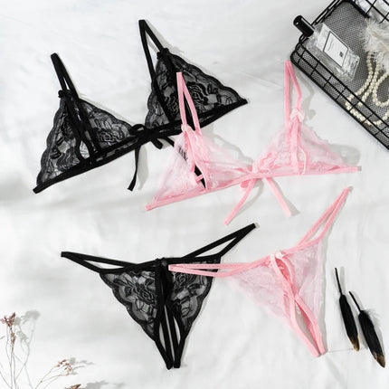 2Pcs/Set Women's Sexy Lace Transparent Lingerie Set Bikini Low-Waisted Thong Pants Dating Pajama Set