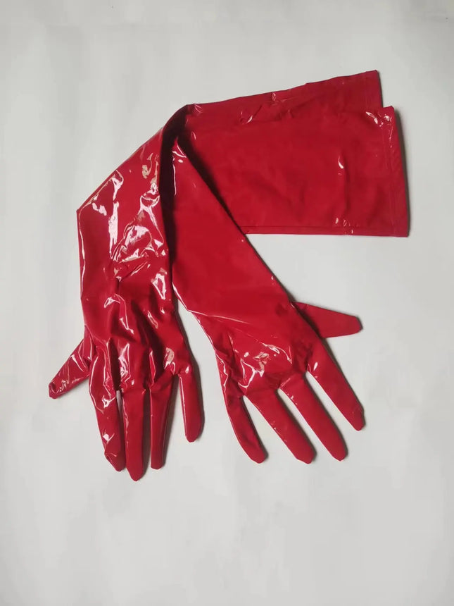 New Women Shiny Faux Leather unisex Black Long Gloves Men Latex Fetish Patent Leather Full Fingers Elbow Glove Cosplay Accessory