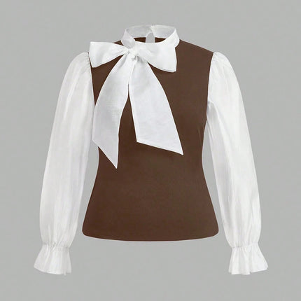 Plus Size Women's Elegant Contrast Bow Tie Long Sleeve A-Line Office Work Shirt Business Pink Black Brown Best for Spring