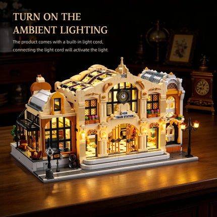 Miniature Train Station Building Blocks MOC DIY LED Light Model Desktop Home Decor Architectural Gift for Adults Kids