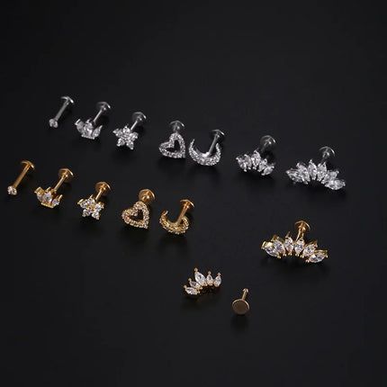 1Piece 1.2mm Heart Flower Crown Cartilage Earrings Stainless Steel Zircon Conch Rook Tragus Stud Labret Back Piercing Jewelry