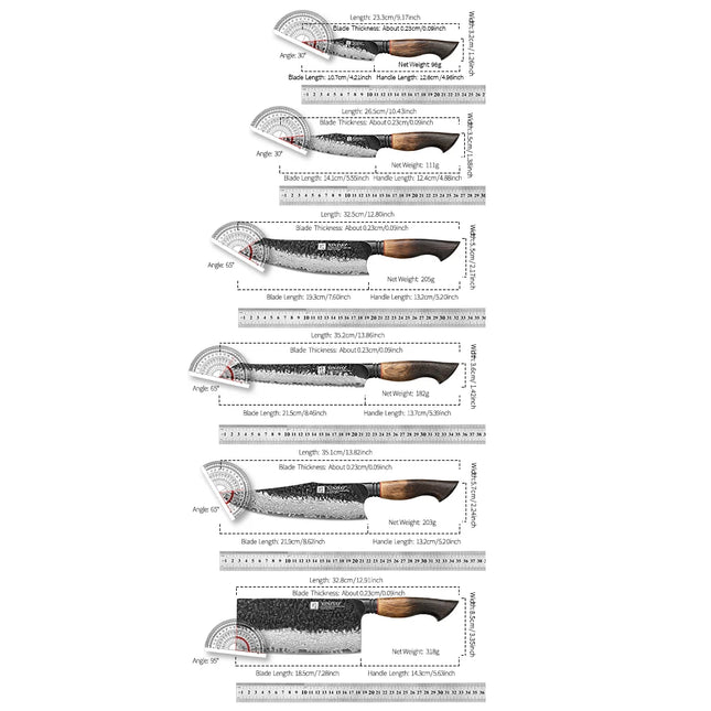 XINZUO 1-6-Piece Damascus Knife Set 67-Layer Steel White Oak Red G10 Handles Paring Utility Cleaver Santoku Bread Knife