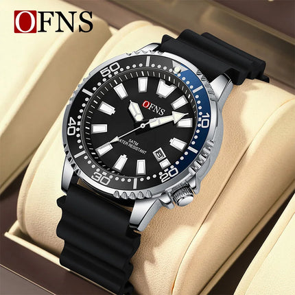 OFNS High Quality Fashion Men's Quartz Watch Calendar Luminous Display 50M Waterproof Luxury Watches Rubber Strap Men's Watch
