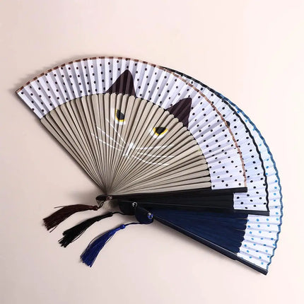 1 pcs Exiquisite Cat Patterns Summer Gift Cartoon Bamboo Wooden Folding Fan Fan Crafts Silk Fan Home Decoration