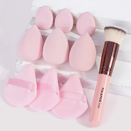 MAANGE 1PCS Foundation Makeup Brush with 9PCS Makeup Puff Contour Blush Makeup Brush Triangle Powder Puff Soft Finger Sponge