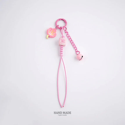 Cute Cherry Blossoms Pendant Keychain Creativity Heart Shape Beaded Woven Rope Small Bell Design Bag Hanging Piece Gift A227
