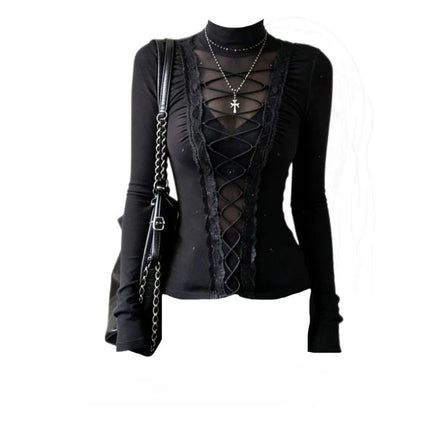 Korean Fashion Elegant Patchwork Lace Tops Slim Casual Long Sleeve Blouse 2000s American Vintage Sweet Pullover Chic