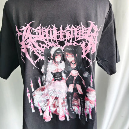 Kimotimo Japanese Anime Printed Short Sleeve T-shirts Women Summer Loose Round Neck Grunge Tops Vintage Y2k Harajuku Streetwear