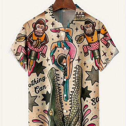 Plus Size Men's Summer Anime Crocodile and Gorilla Print Casual Fashion Short-Sleeved 2024 New Hawaiian Shirt