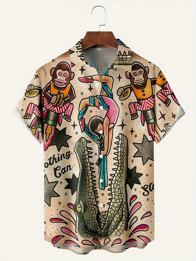 Plus Size Men's Summer Anime Crocodile and Gorilla Print Casual Fashion Short-Sleeved 2024 New Hawaiian Shirt