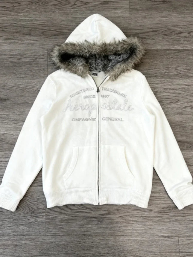 American Vintage Pink Furry Hoodie Women Y2K Harajuku Faux Fur Collar Jacket Fashion Slim Waist Belted Hot Girl Sweatshirt New