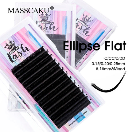 MASSCAKU Faux Mink Lash Ellipse Flat Eyelash Extension C/D Curl 0.15 0.20 0.25mm 8-18mm&mix Double Split Tips Makeup False Lash
