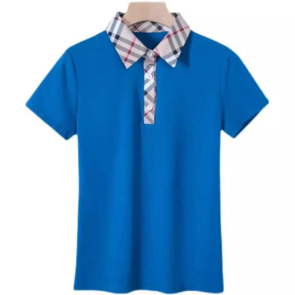 Korean version short sleeved t-shirt women's summer new fashionable light luxury plaid loose and slimming sports lapel top