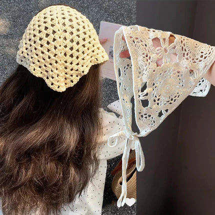 Bohemian White Cotton Lace Triangle Hair Scarf for Women Knitted Flower Hollow Out Headband Wraps Hair Waist Decoration Outfits