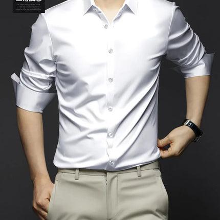 6XL Men Shirt Long Sleeve Slim Fit Luxury Smooth Soft Anti-wrinkle Non-ironing Solid Color Ice Silk Shirts Men Long Sleeve